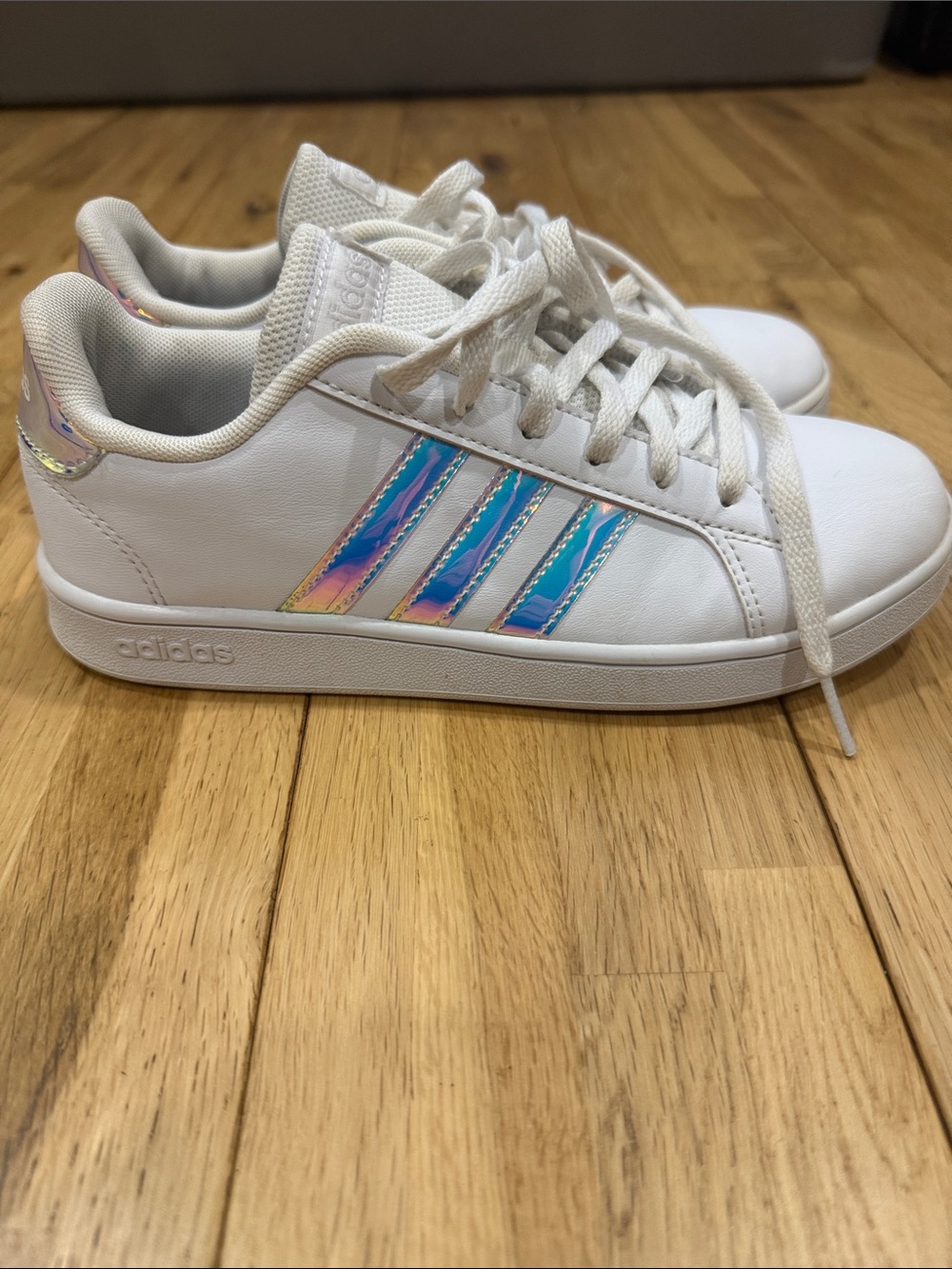 Adidas Kids White Sneakers with Iridescent Stripes